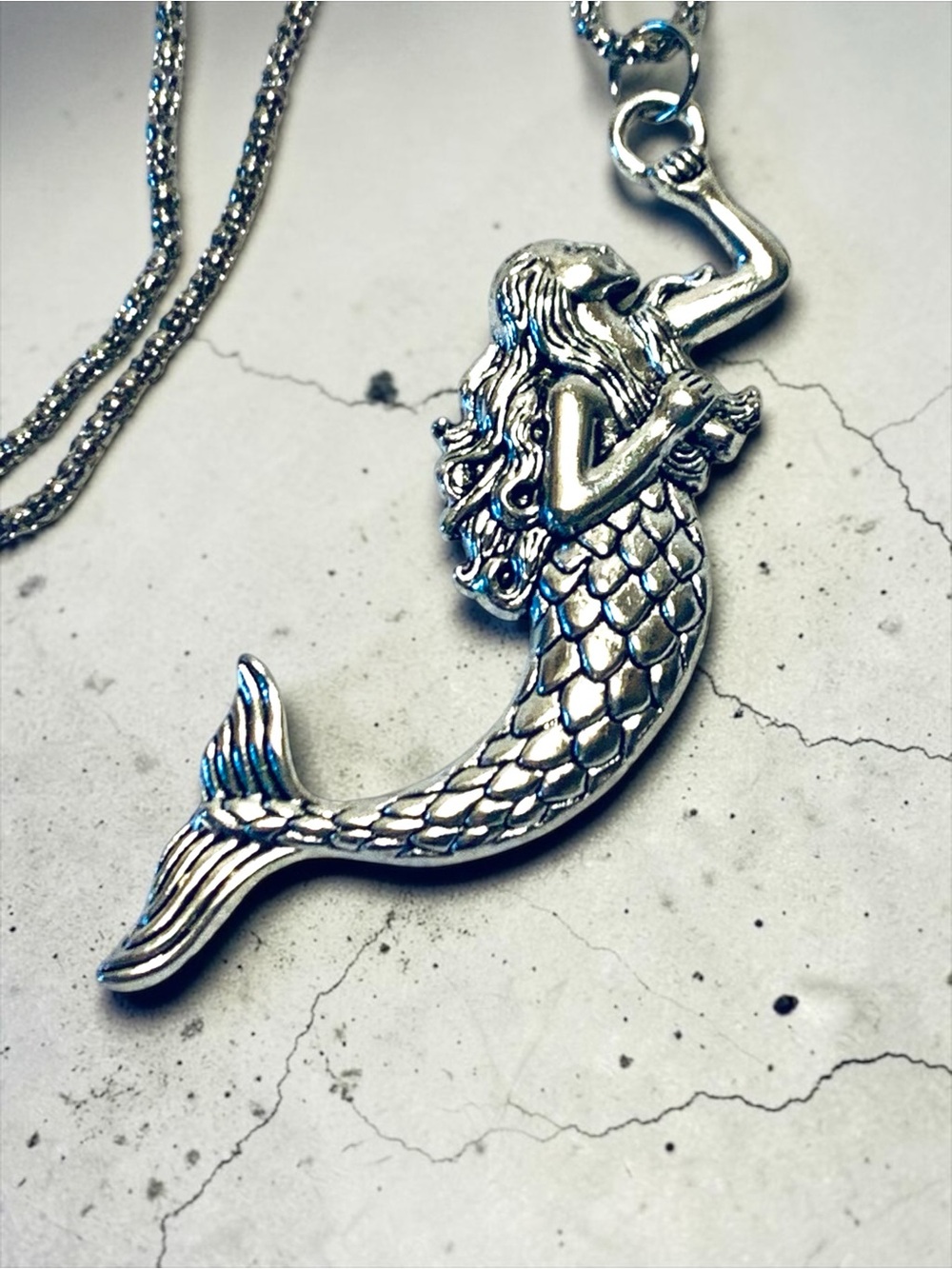 Sterling Silver-Tone Mermaid Pendant Necklace - Silver. Handmade - Picture 2 of 9